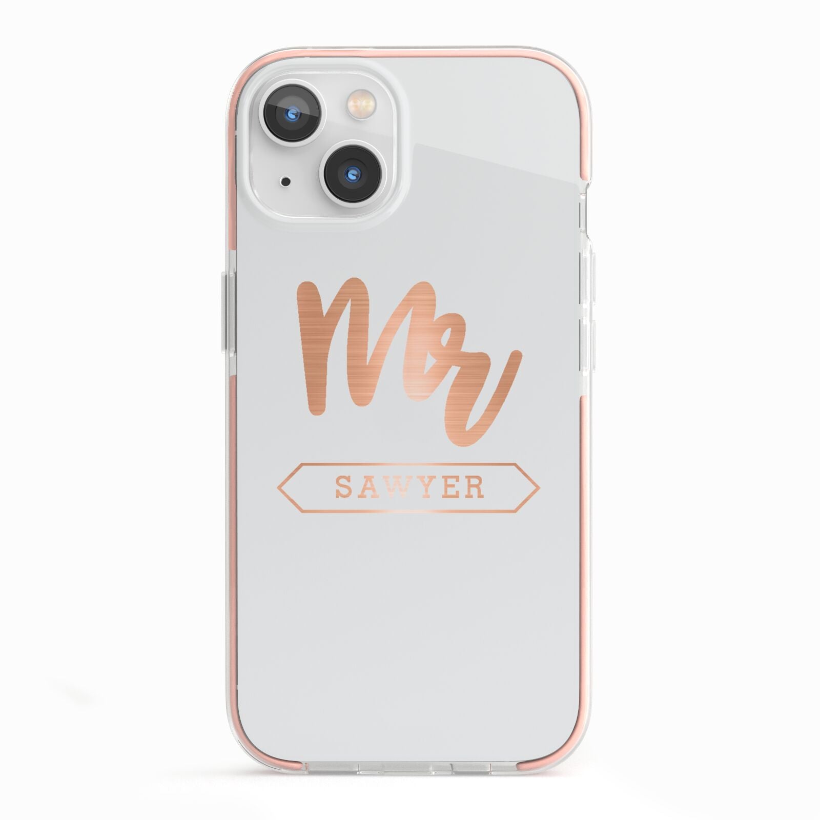Personalised Rose Gold Mr Surname On Grey iPhone 13 TPU Impact Case with Pink Edges
