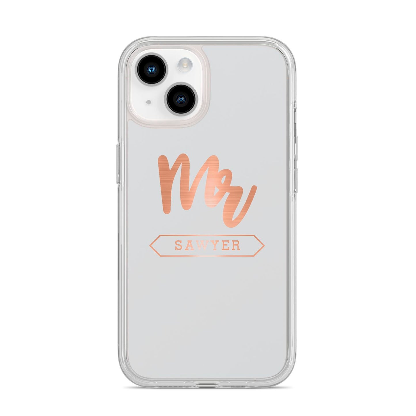 Personalised Rose Gold Mr Surname On Grey iPhone 14 Clear Tough Case Starlight