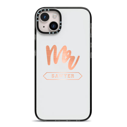 Personalised Rose Gold Mr Surname On Grey iPhone 14 Plus Black Impact Case on Silver phone