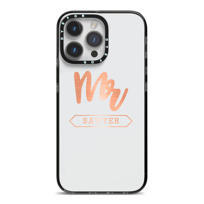 Personalised Rose Gold Mr Surname On Grey iPhone 14 Pro Max Black Impact Case on Silver phone