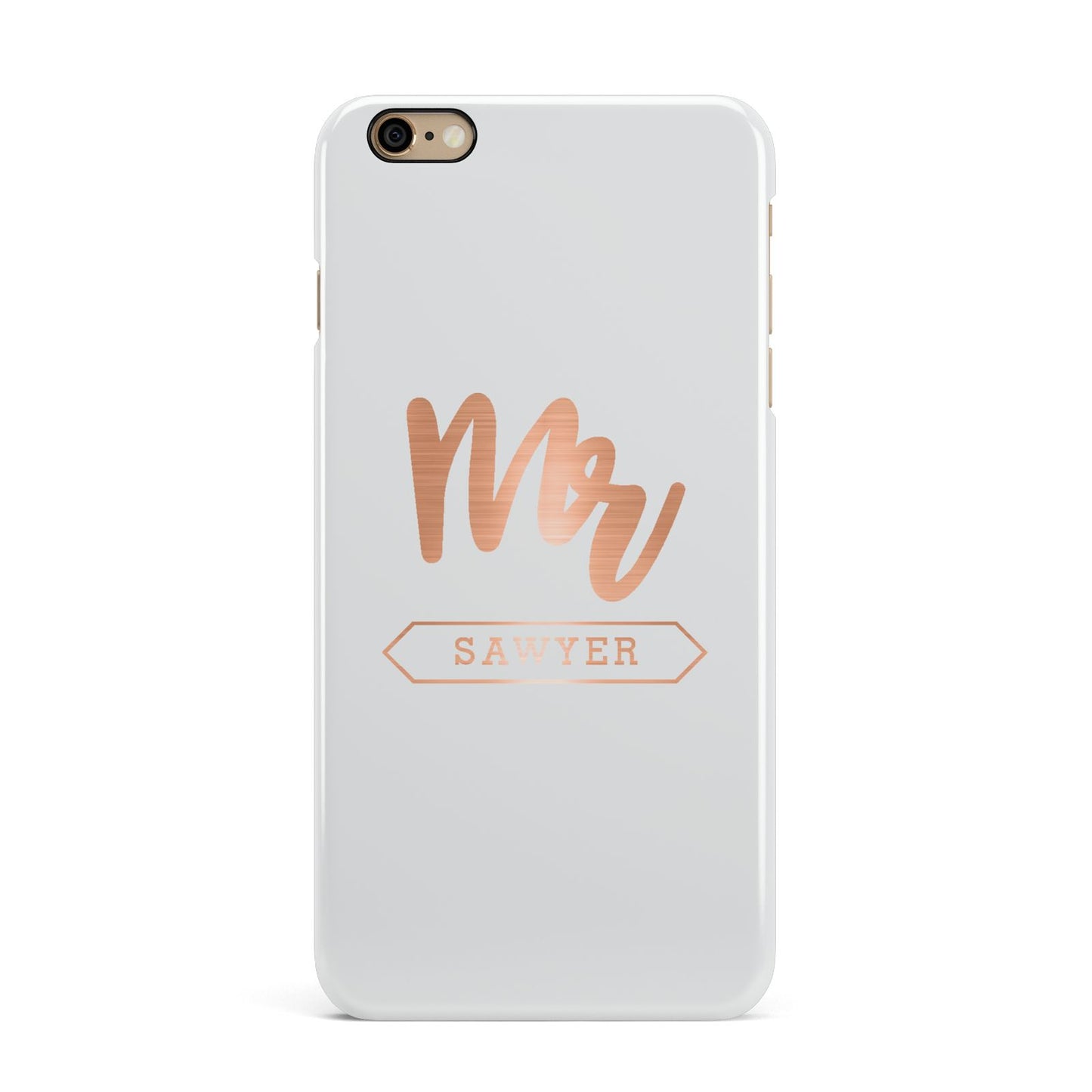 Personalised Rose Gold Mr Surname On Grey iPhone 6 Plus 3D Snap Case on Gold Phone