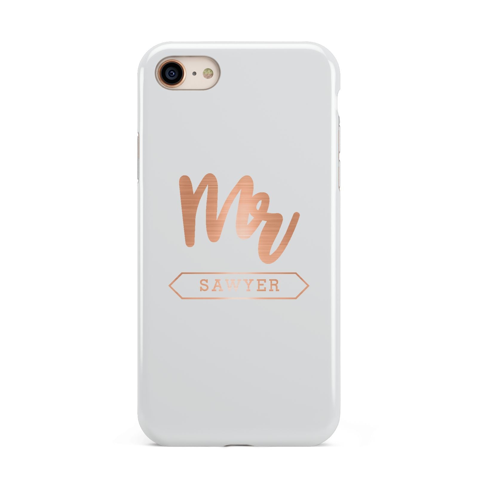 Personalised Rose Gold Mr Surname On Grey iPhone 8 3D Tough Case on Gold Phone