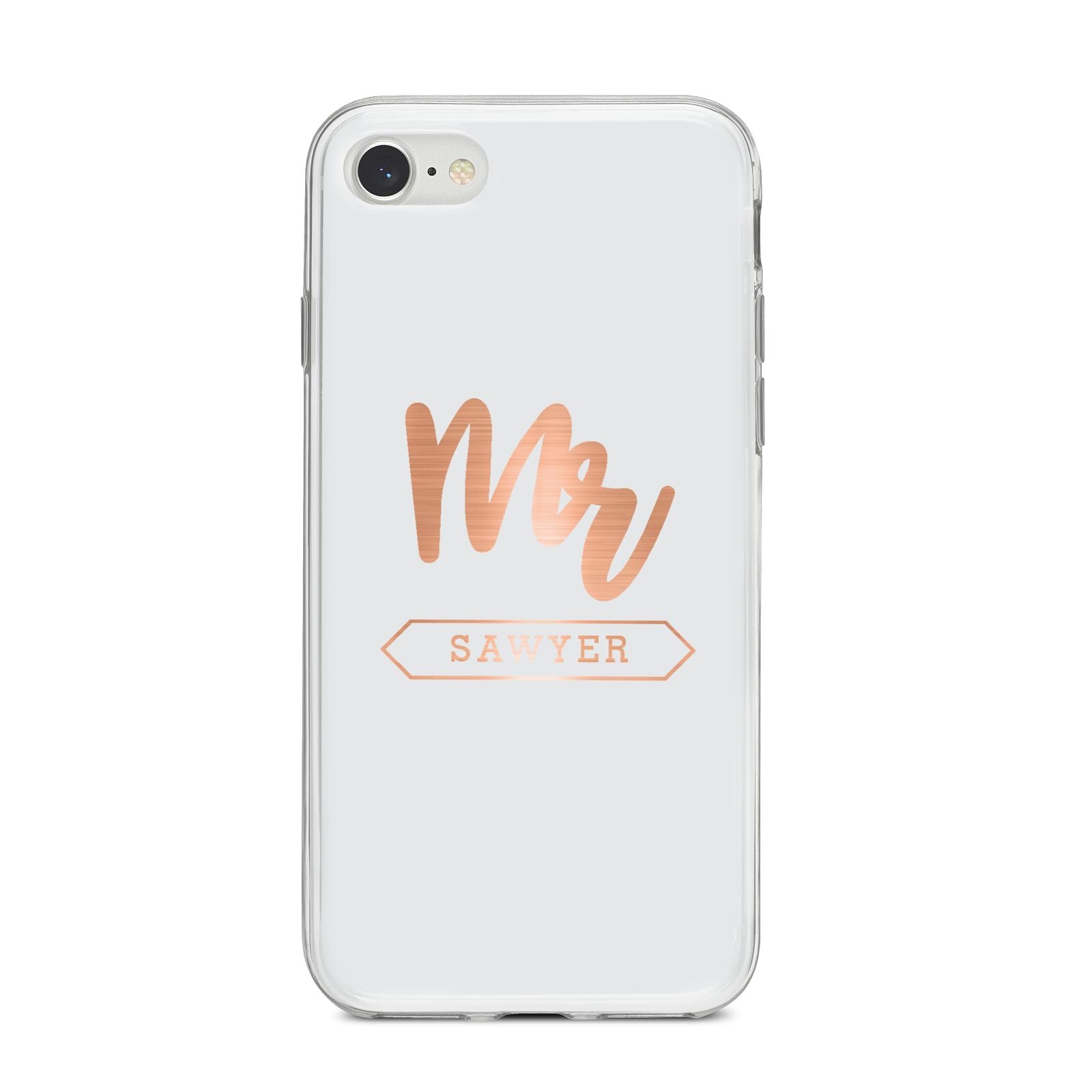 Personalised Rose Gold Mr Surname On Grey iPhone 8 Bumper Case on Silver iPhone