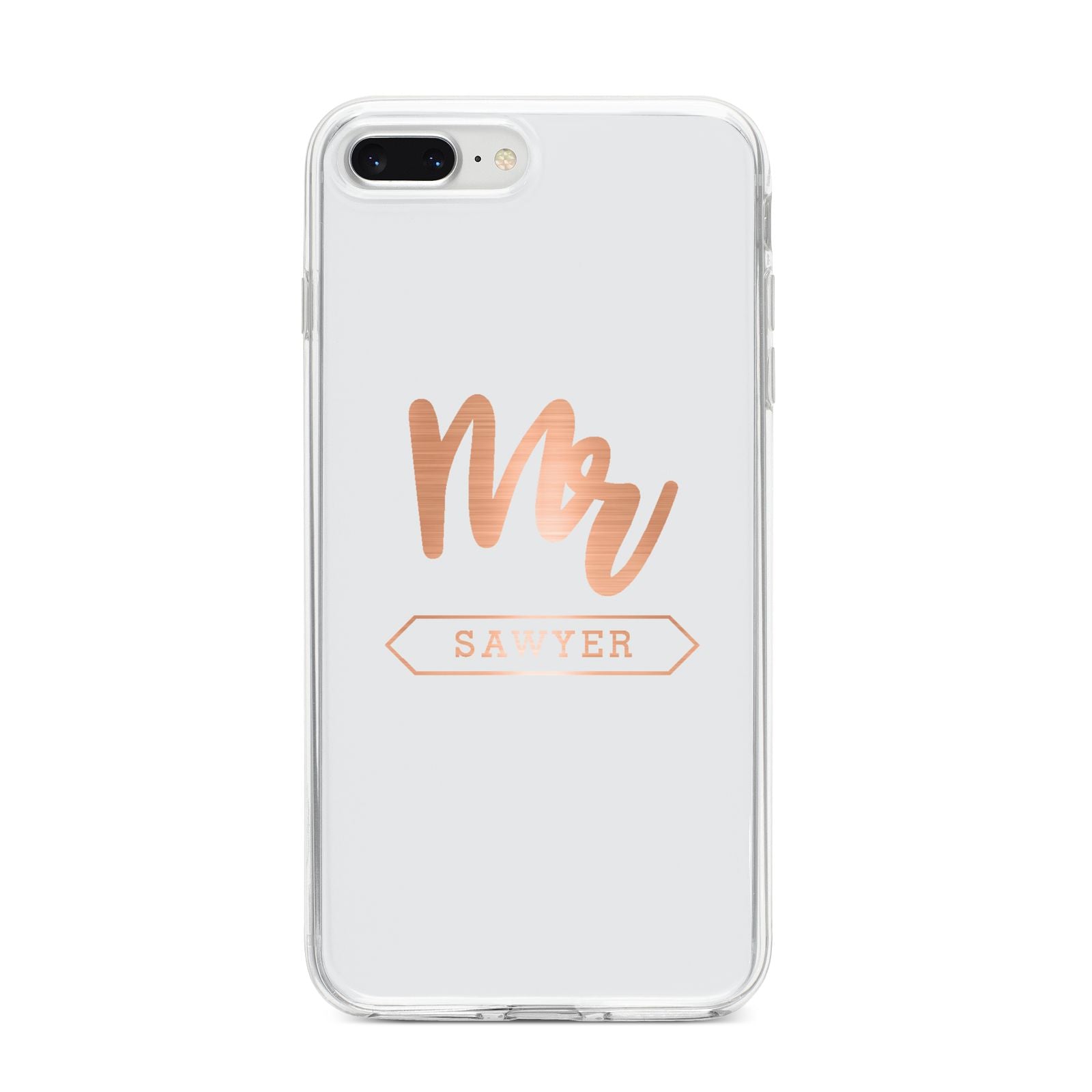 Personalised Rose Gold Mr Surname On Grey iPhone 8 Plus Bumper Case on Silver iPhone