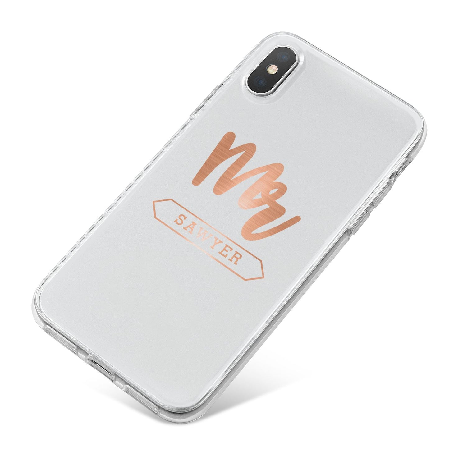Personalised Rose Gold Mr Surname On Grey iPhone X Bumper Case on Silver iPhone