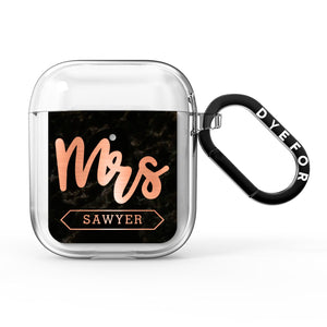Personalised Rose Gold Mrs Surname Marble AirPods Case