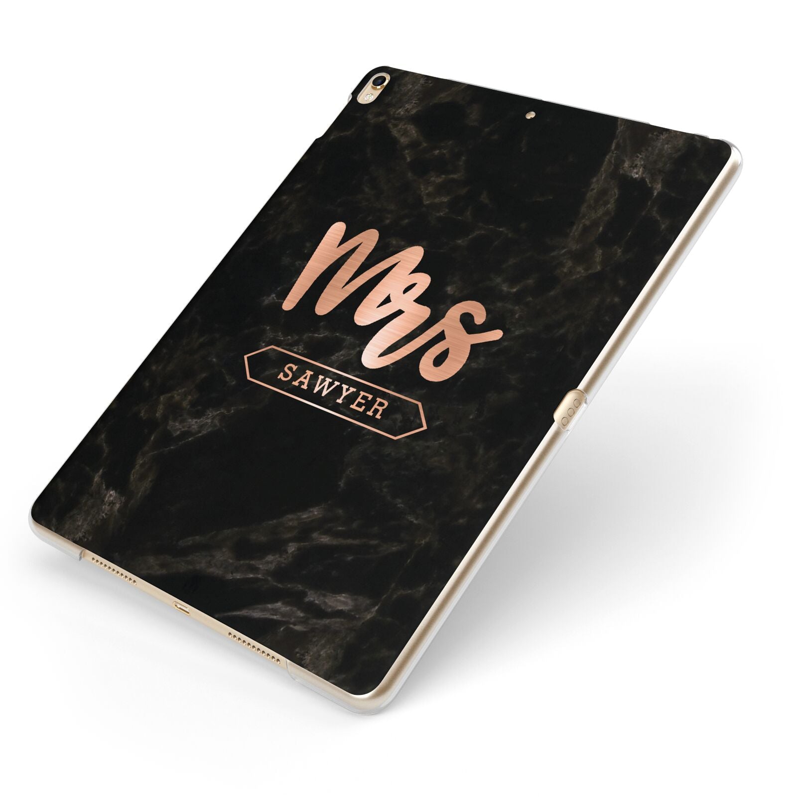 Personalised Rose Gold Mrs Surname Marble Apple iPad Case on Gold iPad Side View