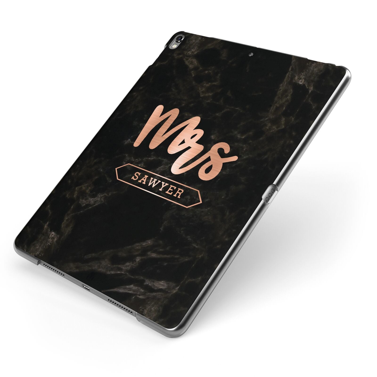 Personalised Rose Gold Mrs Surname Marble Apple iPad Case on Grey iPad Side View