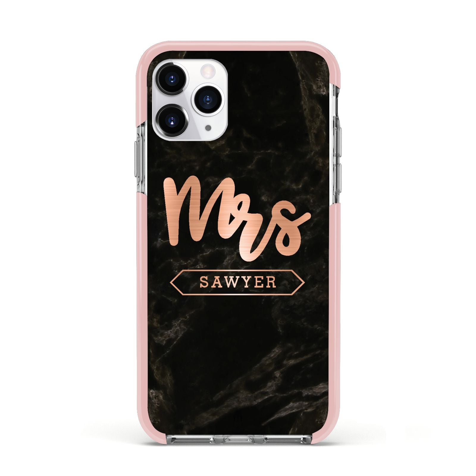 Personalised Rose Gold Mrs Surname Marble Apple iPhone 11 Pro in Silver with Pink Impact Case