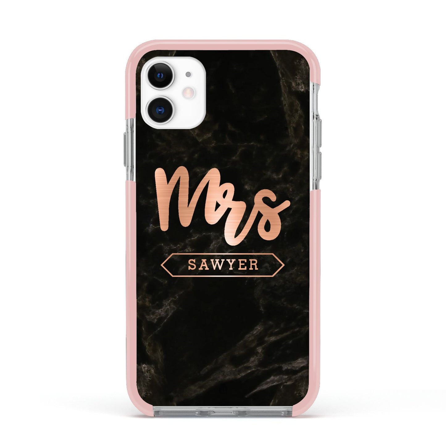 Personalised Rose Gold Mrs Surname Marble Apple iPhone 11 in White with Pink Impact Case