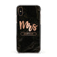 Personalised Rose Gold Mrs Surname Marble Apple iPhone Xs Impact Case Black Edge on Gold Phone