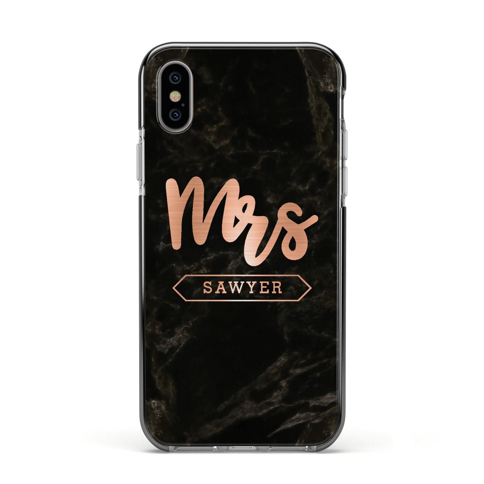 Personalised Rose Gold Mrs Surname Marble Apple iPhone Xs Impact Case Black Edge on Silver Phone