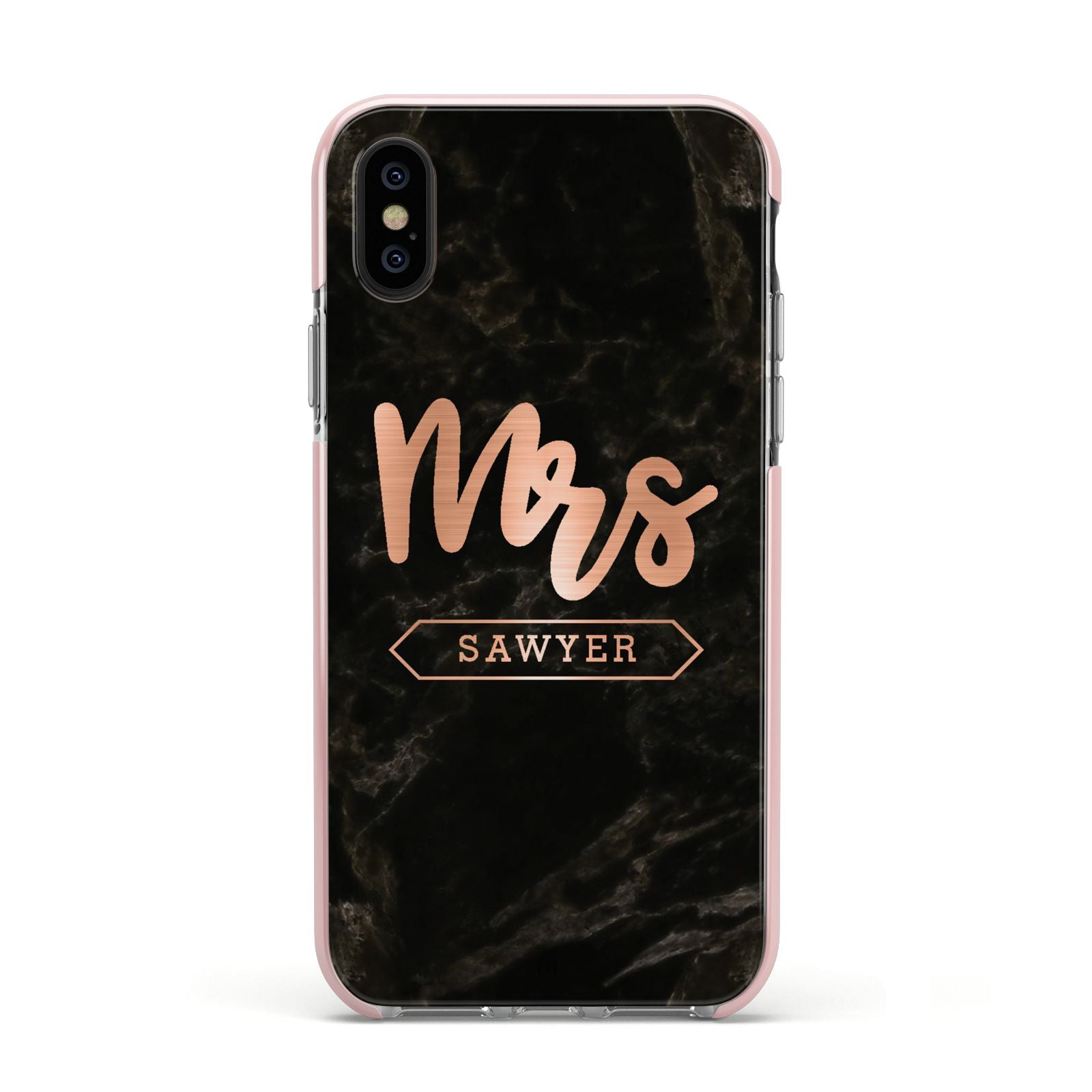 Personalised Rose Gold Mrs Surname Marble Apple iPhone Xs Impact Case Pink Edge on Black Phone
