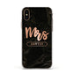 Personalised Rose Gold Mrs Surname Marble Apple iPhone Xs Impact Case White Edge on Gold Phone