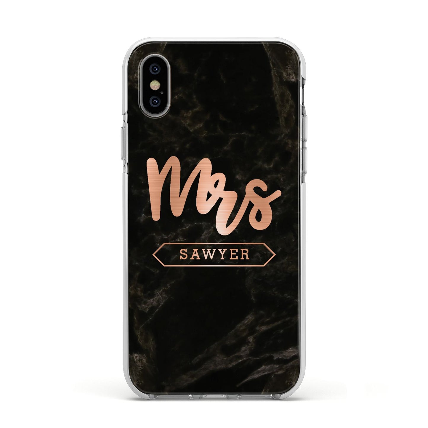 Personalised Rose Gold Mrs Surname Marble Apple iPhone Xs Impact Case White Edge on Silver Phone