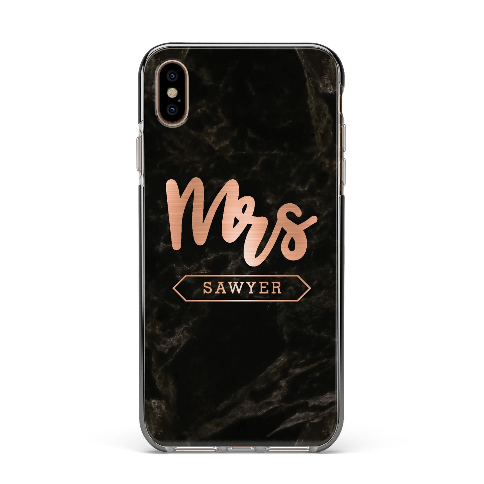 Personalised Rose Gold Mrs Surname Marble Apple iPhone Xs Max Impact Case Black Edge on Gold Phone