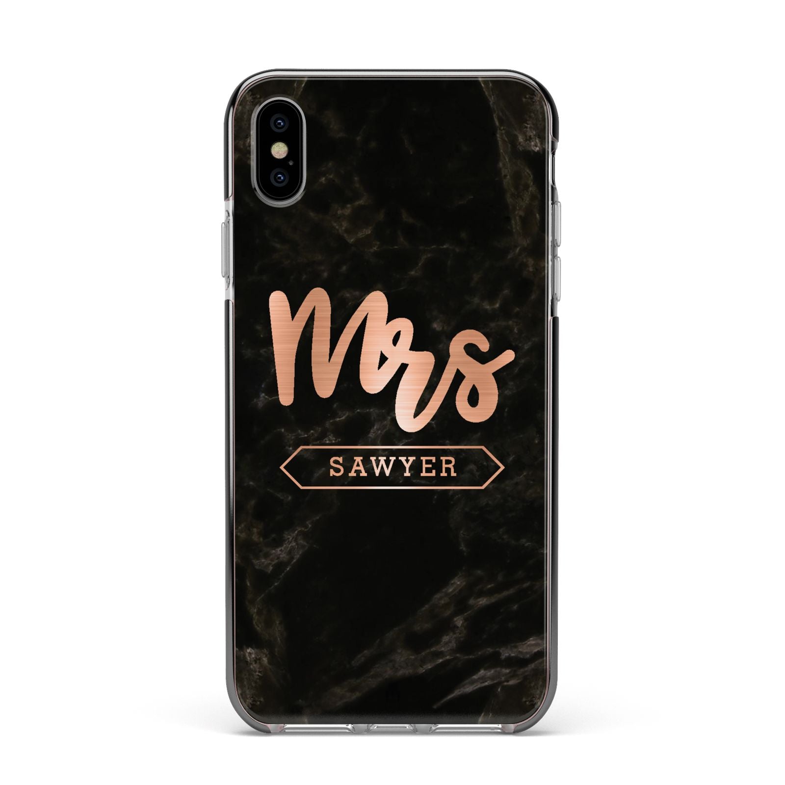 Personalised Rose Gold Mrs Surname Marble Apple iPhone Xs Max Impact Case Black Edge on Silver Phone