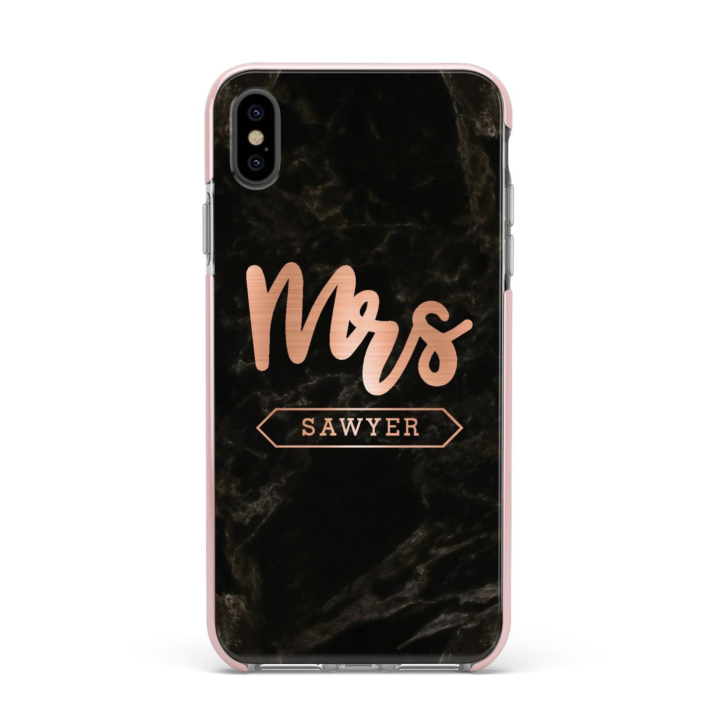 Personalised Rose Gold Mrs Surname Marble Apple iPhone Xs Max Impact Case Pink Edge on Black Phone