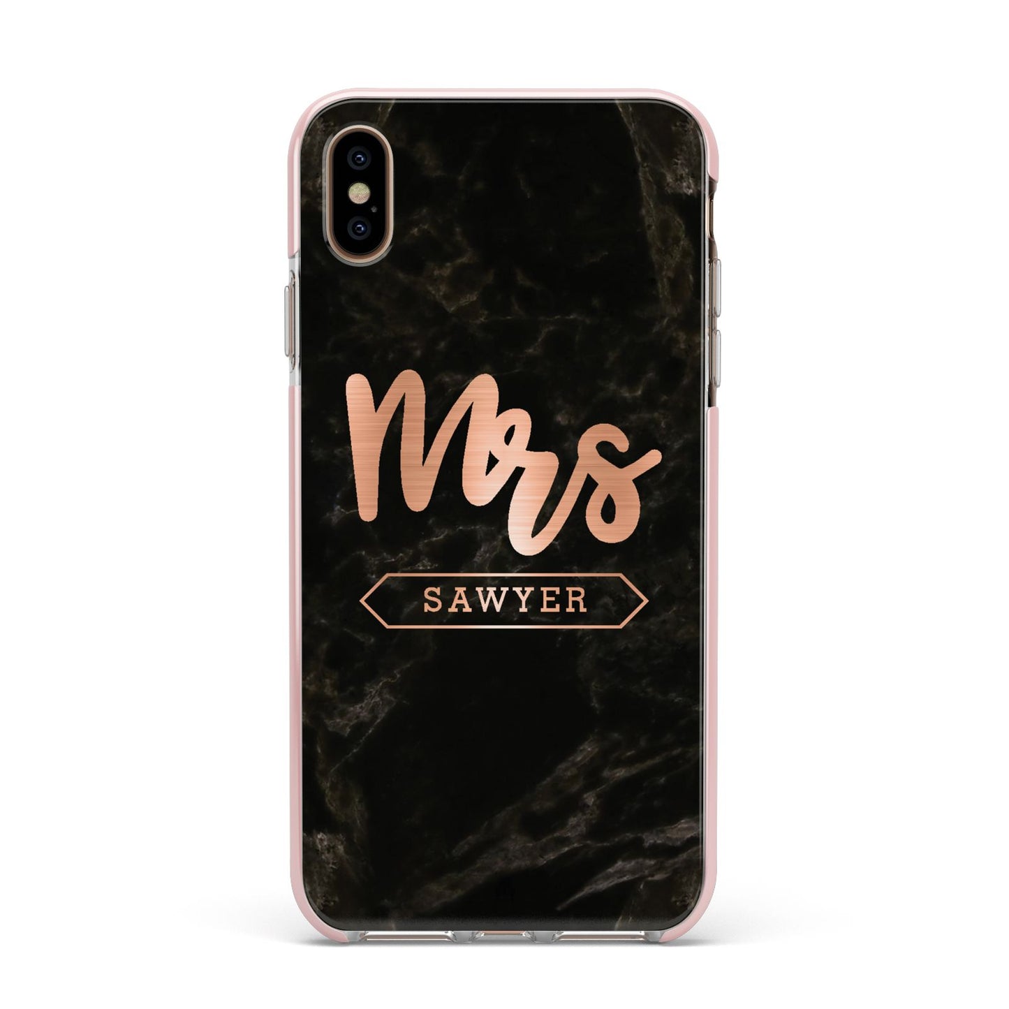 Personalised Rose Gold Mrs Surname Marble Apple iPhone Xs Max Impact Case Pink Edge on Gold Phone