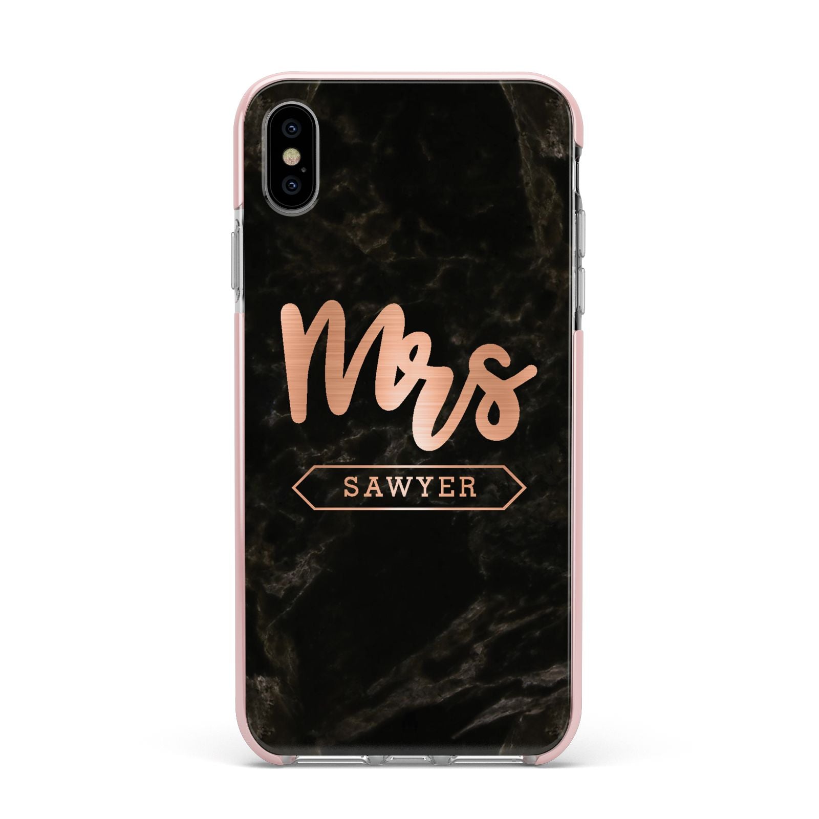 Personalised Rose Gold Mrs Surname Marble Apple iPhone Xs Max Impact Case Pink Edge on Silver Phone