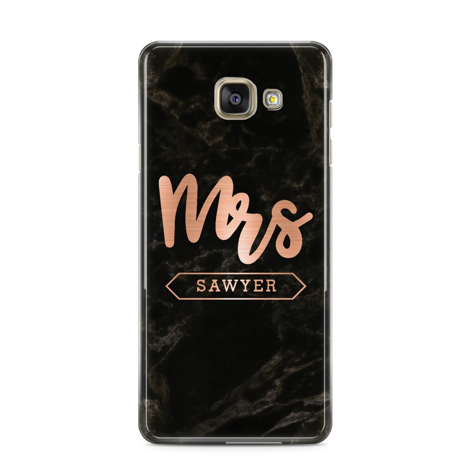 Personalised Rose Gold Mrs Surname Marble Samsung Galaxy A3 2016 Case on gold phone
