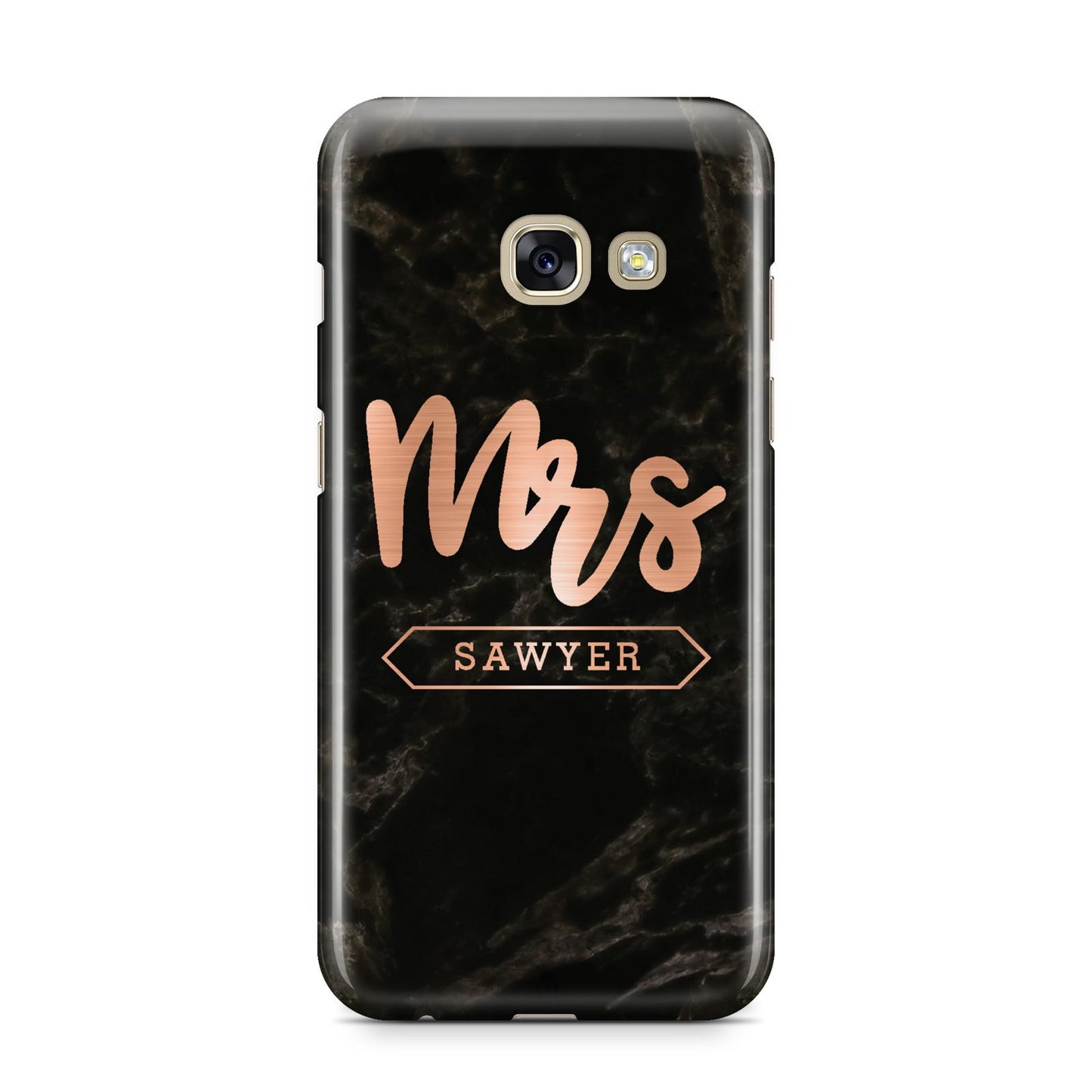 Personalised Rose Gold Mrs Surname Marble Samsung Galaxy A3 2017 Case on gold phone