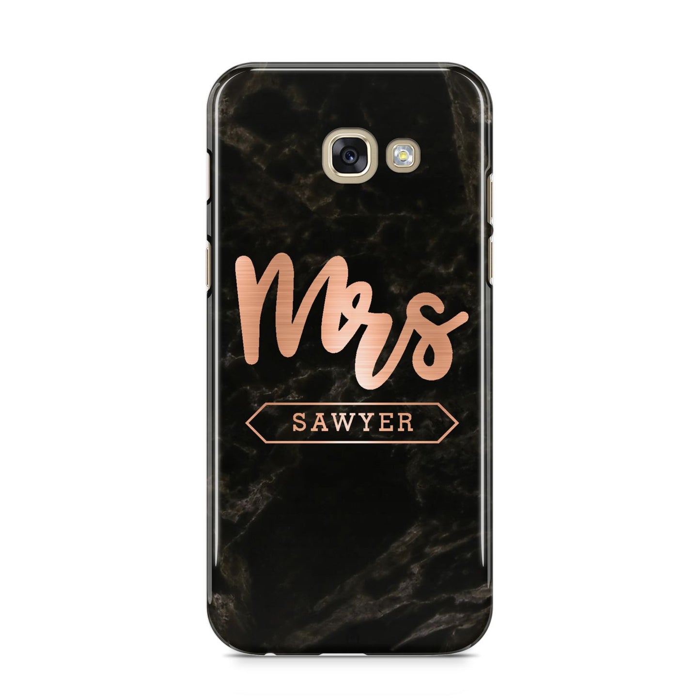 Personalised Rose Gold Mrs Surname Marble Samsung Galaxy A5 2017 Case on gold phone