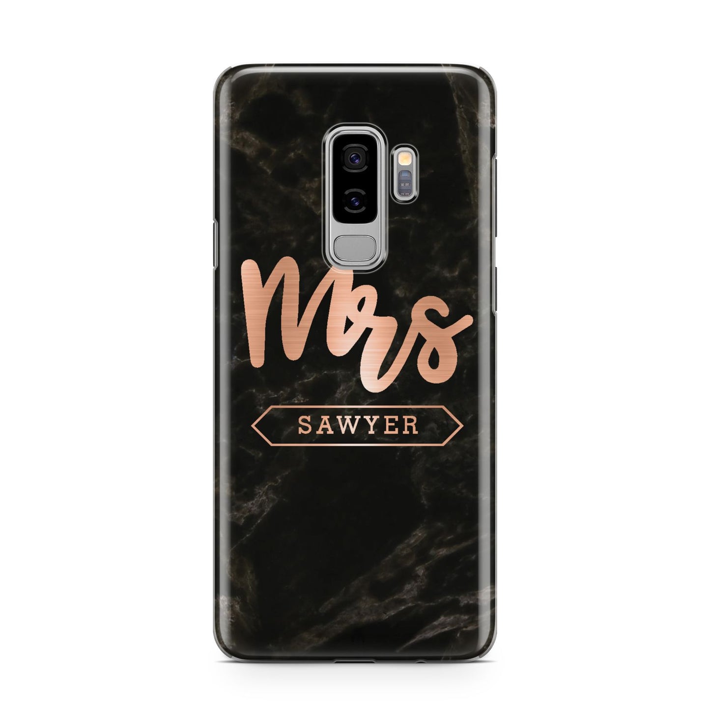 Personalised Rose Gold Mrs Surname Marble Samsung Galaxy S9 Plus Case on Silver phone