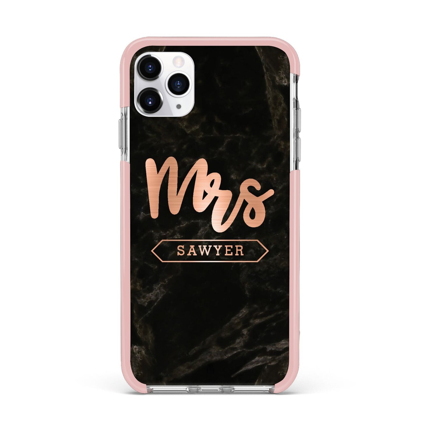 Personalised Rose Gold Mrs Surname Marble iPhone 11 Pro Max Impact Pink Edge Case
