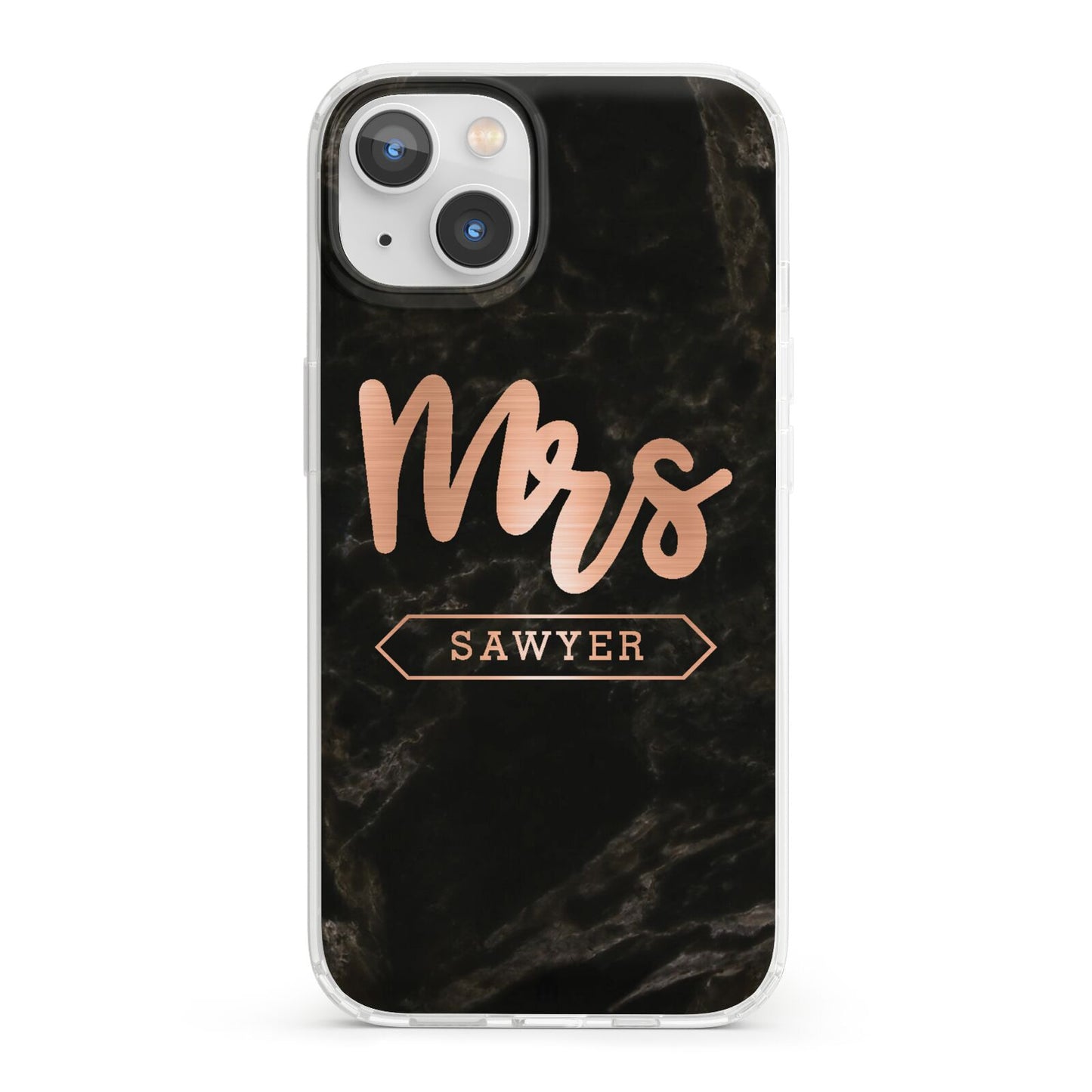 Personalised Rose Gold Mrs Surname Marble iPhone 13 Clear Bumper Case