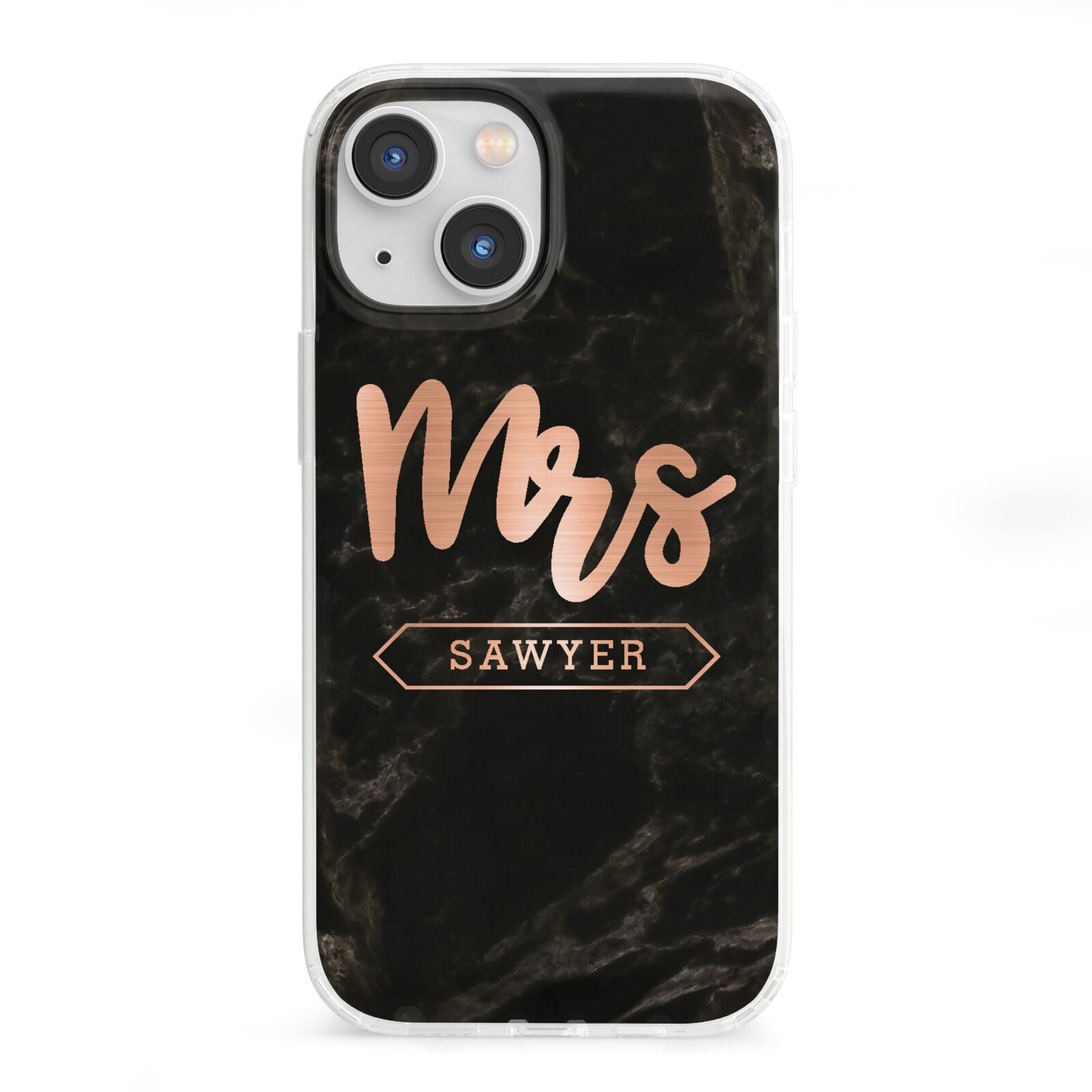 Personalised Rose Gold Mrs Surname Marble iPhone 13 Mini Clear Bumper Case