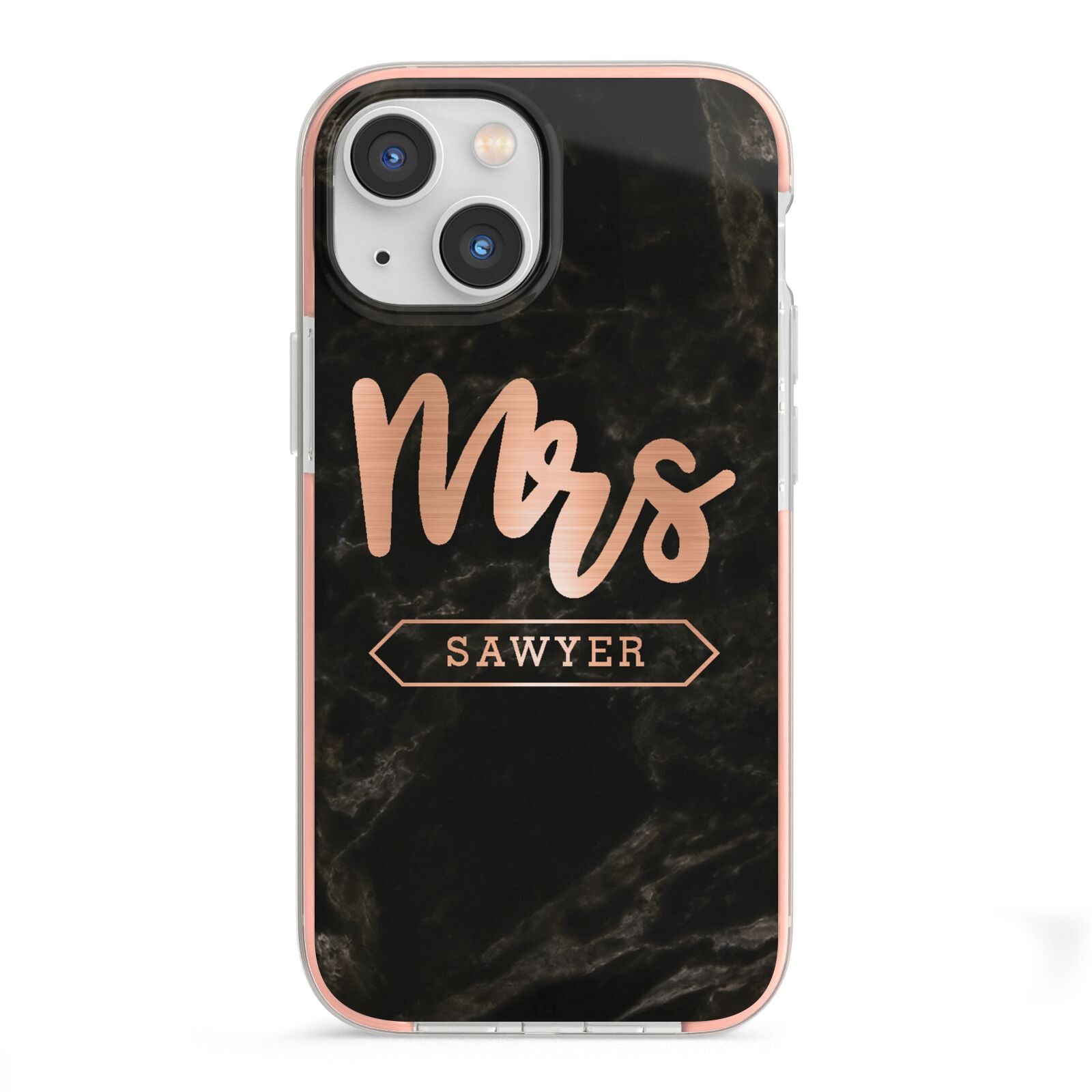 Personalised Rose Gold Mrs Surname Marble iPhone 13 Mini TPU Impact Case with Pink Edges
