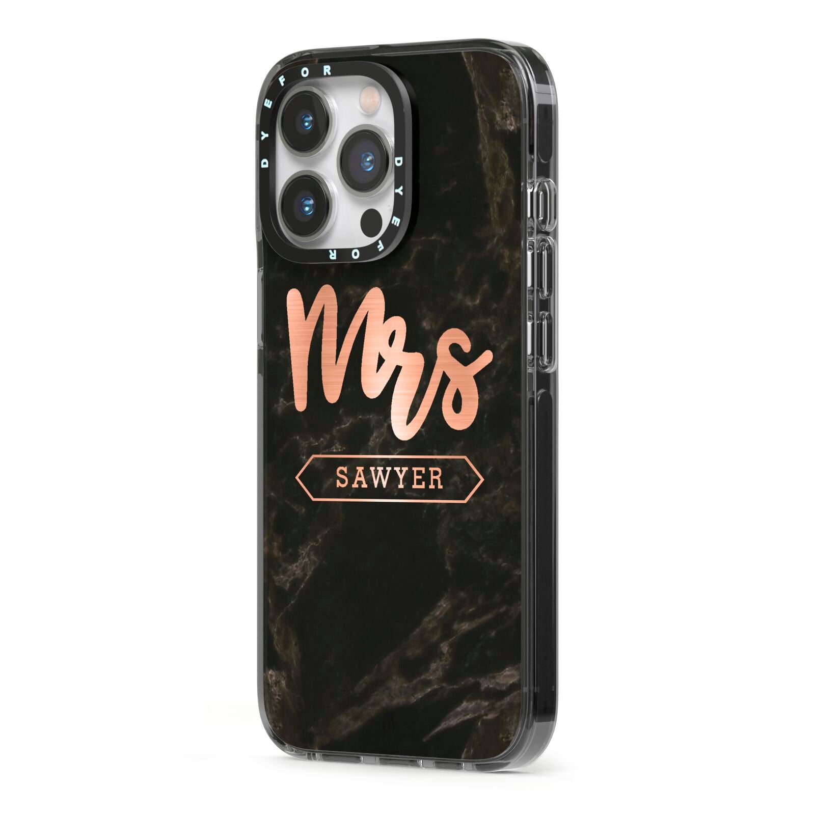 Personalised Rose Gold Mrs Surname Marble iPhone 13 Pro Black Impact Case Side Angle on Silver phone