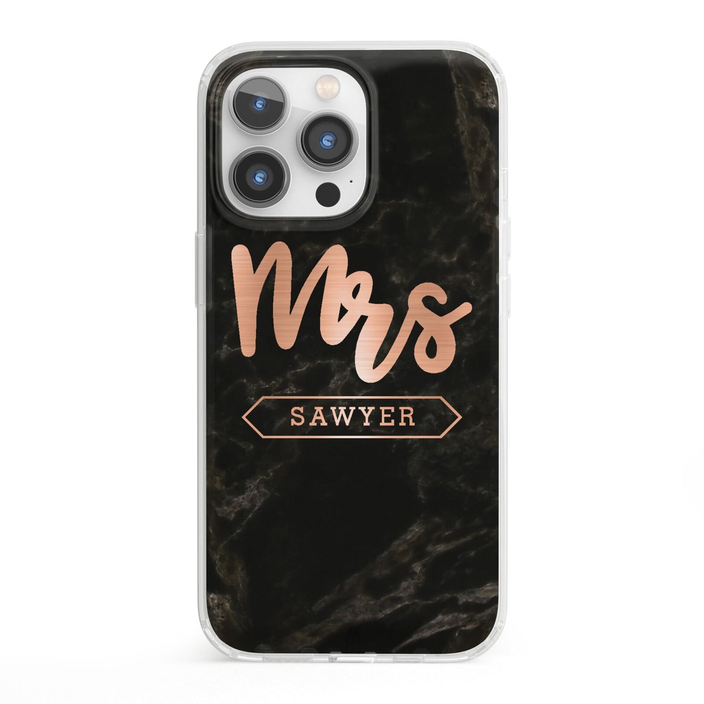 Personalised Rose Gold Mrs Surname Marble iPhone 13 Pro Clear Bumper Case