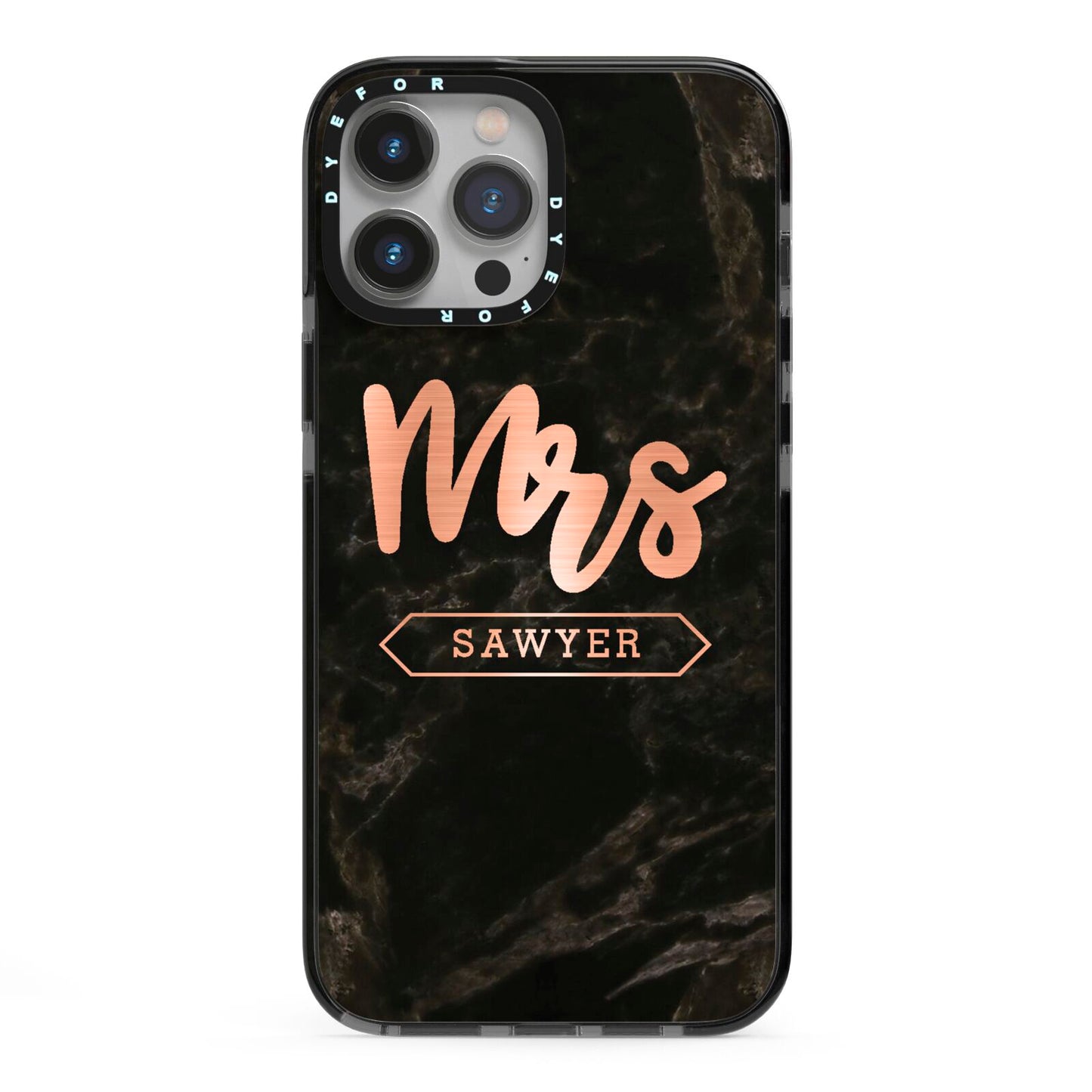 Personalised Rose Gold Mrs Surname Marble iPhone 13 Pro Max Black Impact Case on Silver phone