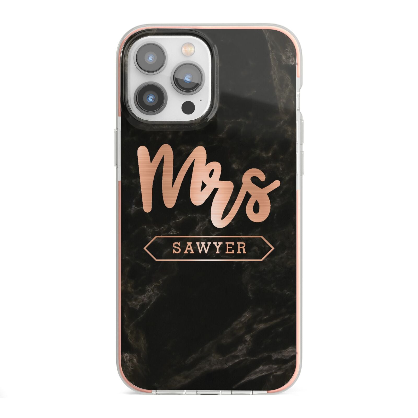 Personalised Rose Gold Mrs Surname Marble iPhone 13 Pro Max TPU Impact Case with Pink Edges