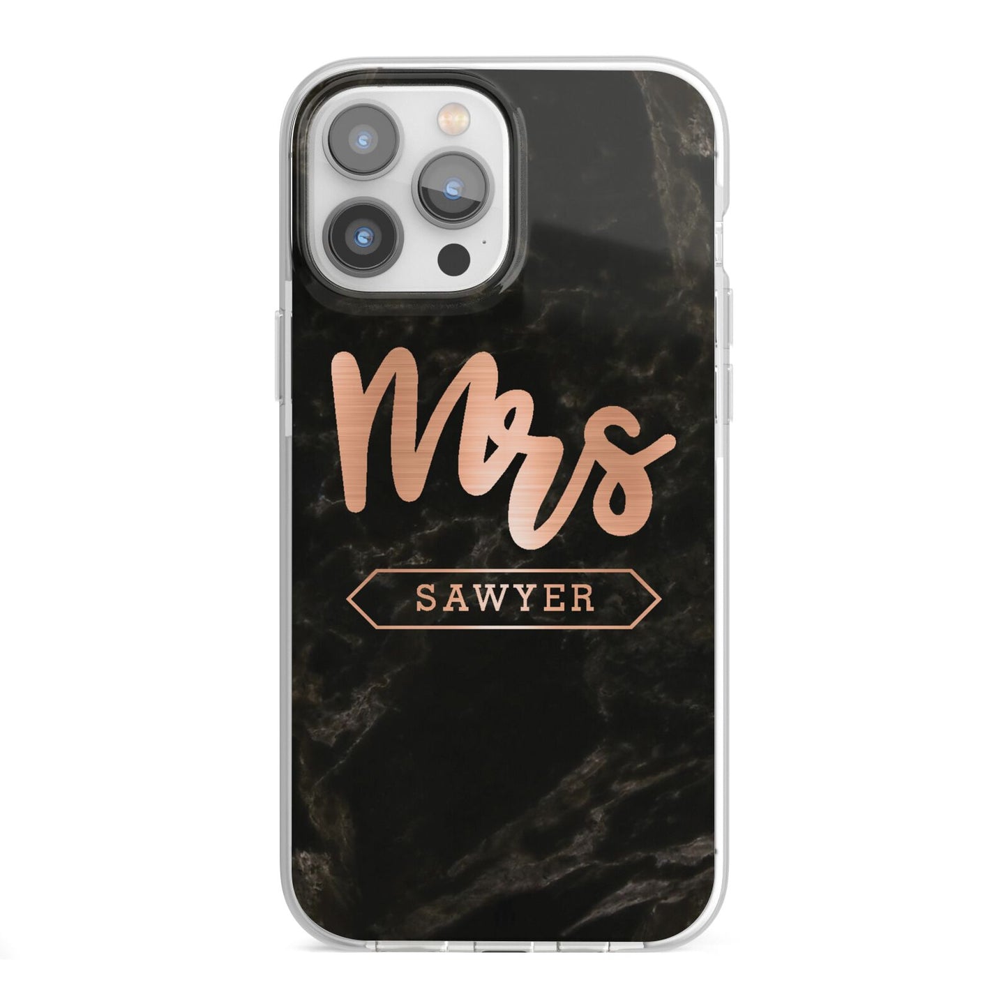 Personalised Rose Gold Mrs Surname Marble iPhone 13 Pro Max TPU Impact Case with White Edges