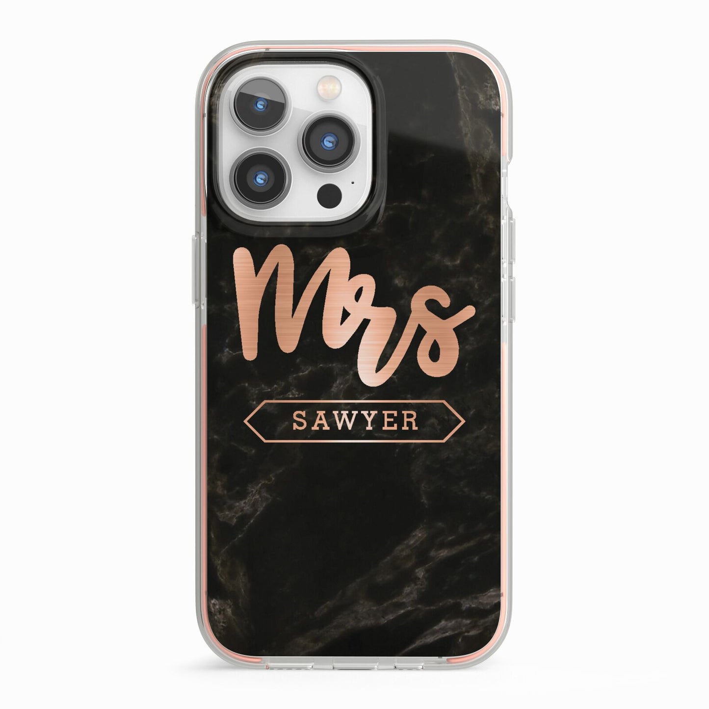 Personalised Rose Gold Mrs Surname Marble iPhone 13 Pro TPU Impact Case with Pink Edges