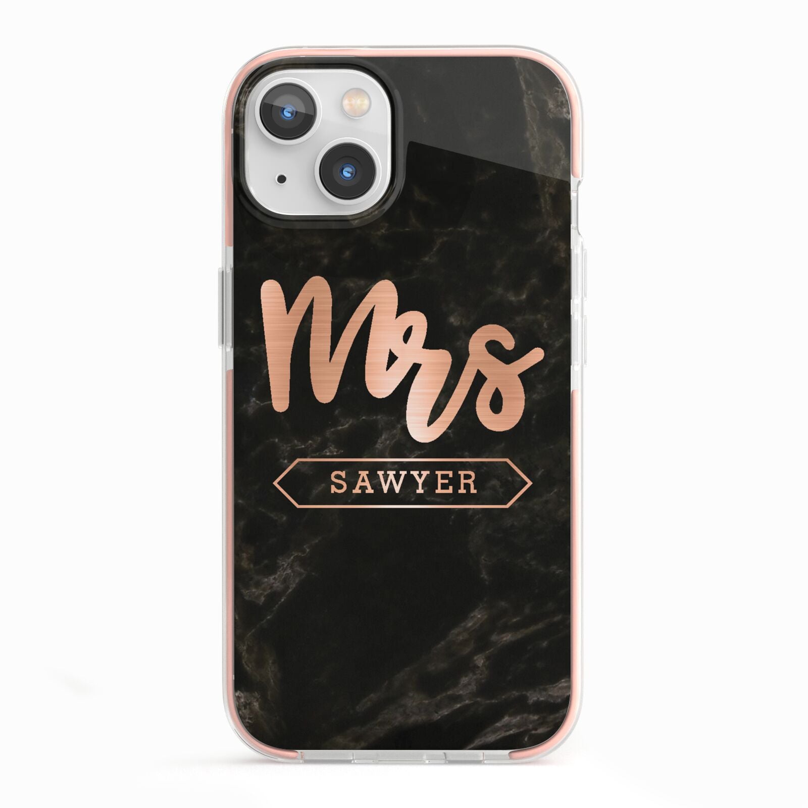 Personalised Rose Gold Mrs Surname Marble iPhone 13 TPU Impact Case with Pink Edges