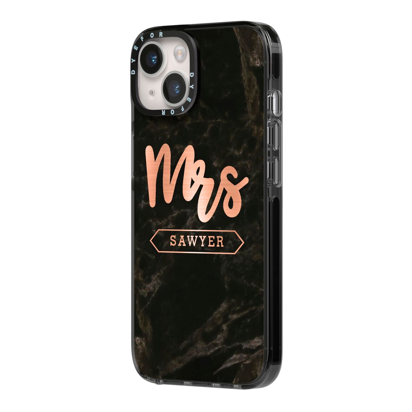 Personalised Rose Gold Mrs Surname Marble iPhone 14 Black Impact Case Side Angle on Silver phone