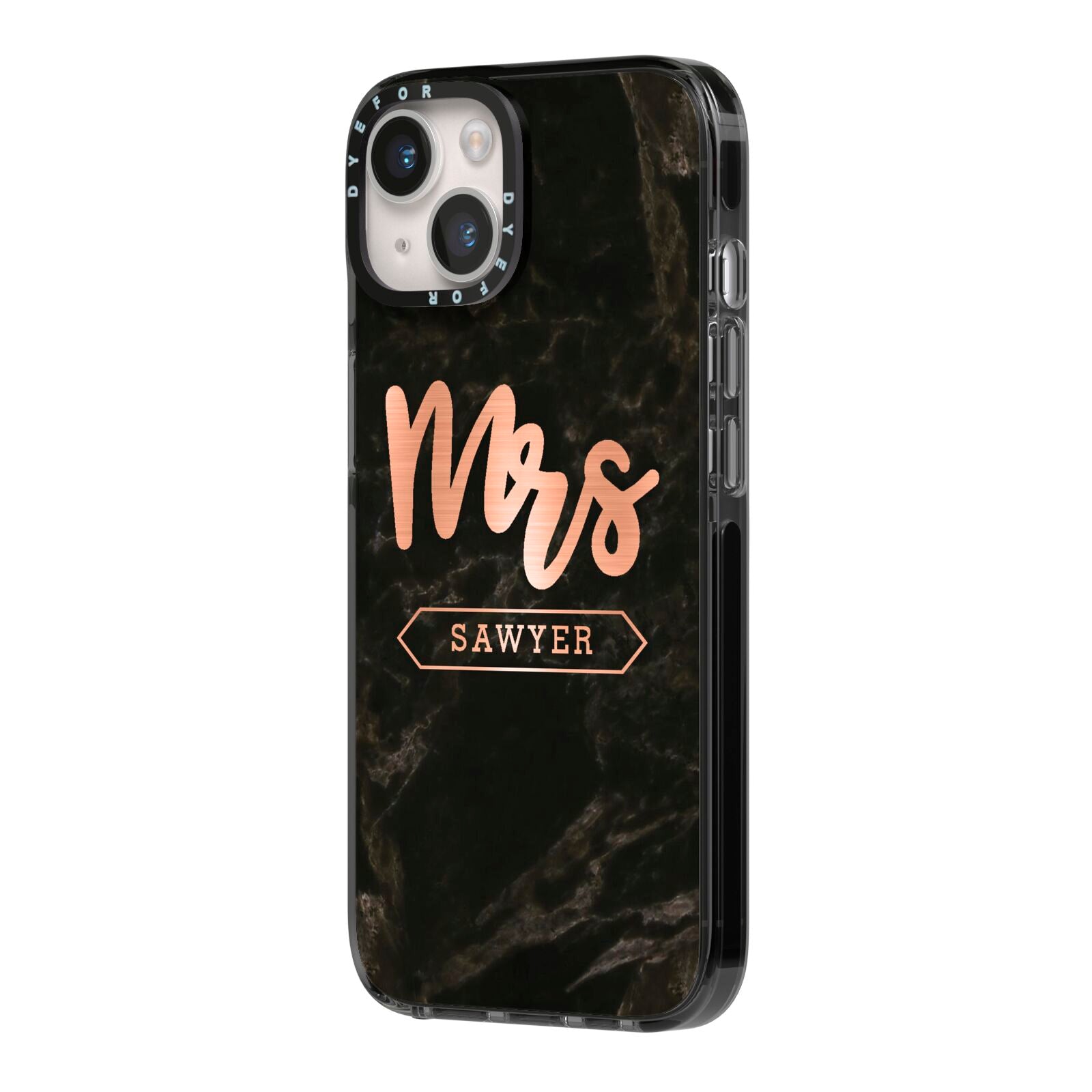 Personalised Rose Gold Mrs Surname Marble iPhone 14 Black Impact Case Side Angle on Silver phone