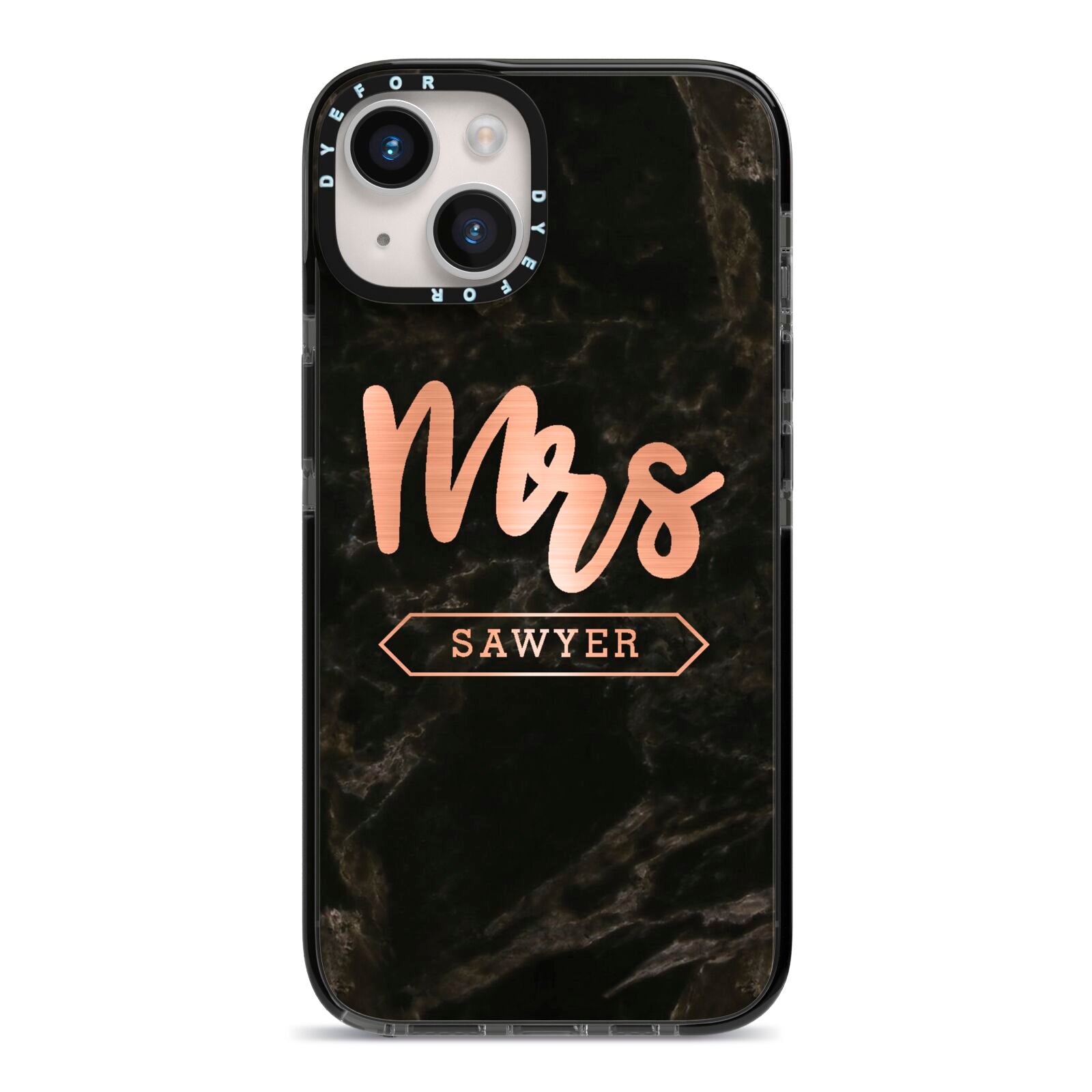 Personalised Rose Gold Mrs Surname Marble iPhone 14 Black Impact Case on Silver phone