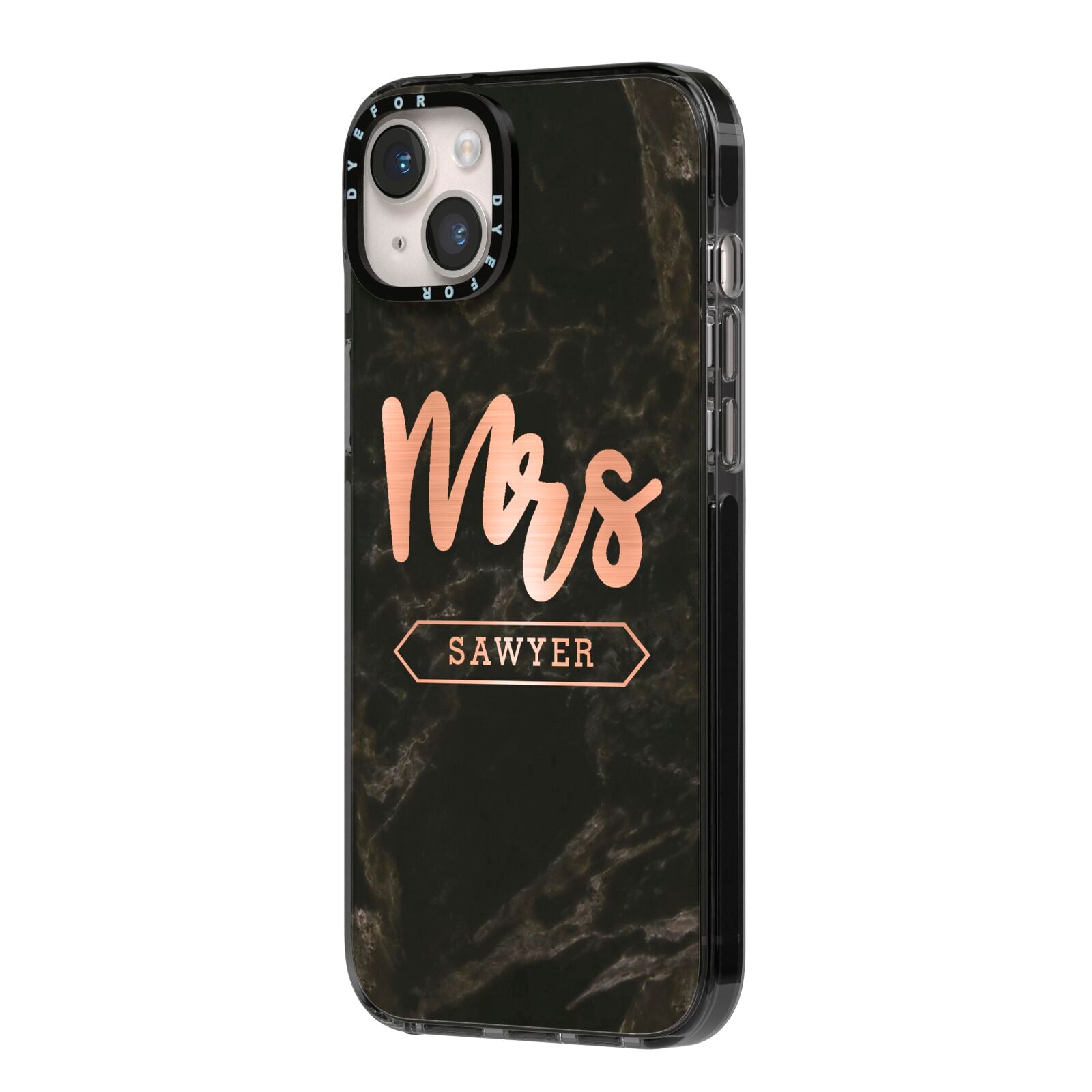 Personalised Rose Gold Mrs Surname Marble iPhone 14 Plus Black Impact Case Side Angle on Silver phone