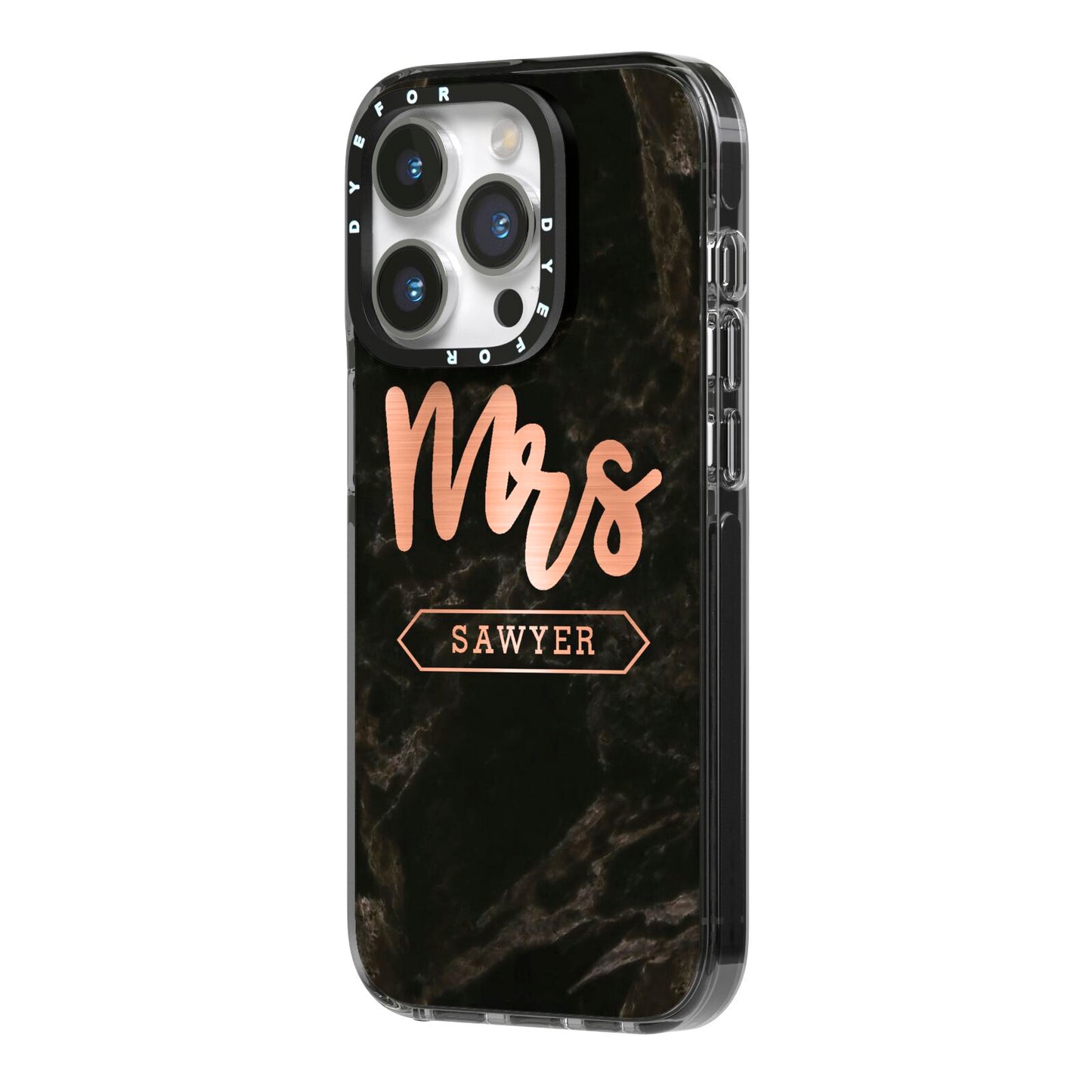 Personalised Rose Gold Mrs Surname Marble iPhone 14 Pro Black Impact Case Side Angle on Silver phone