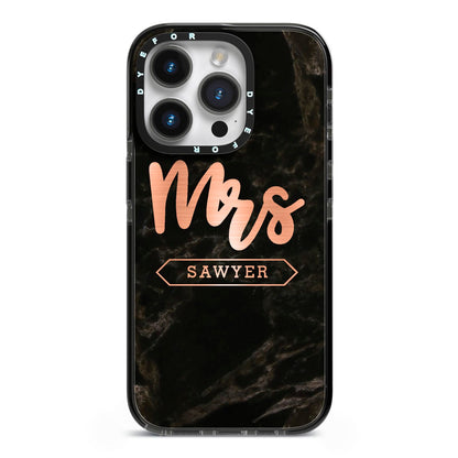 Personalised Rose Gold Mrs Surname Marble iPhone 14 Pro Black Impact Case on Silver phone
