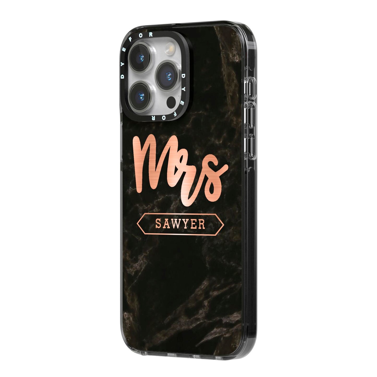 Personalised Rose Gold Mrs Surname Marble iPhone 14 Pro Max Black Impact Case Side Angle on Silver phone