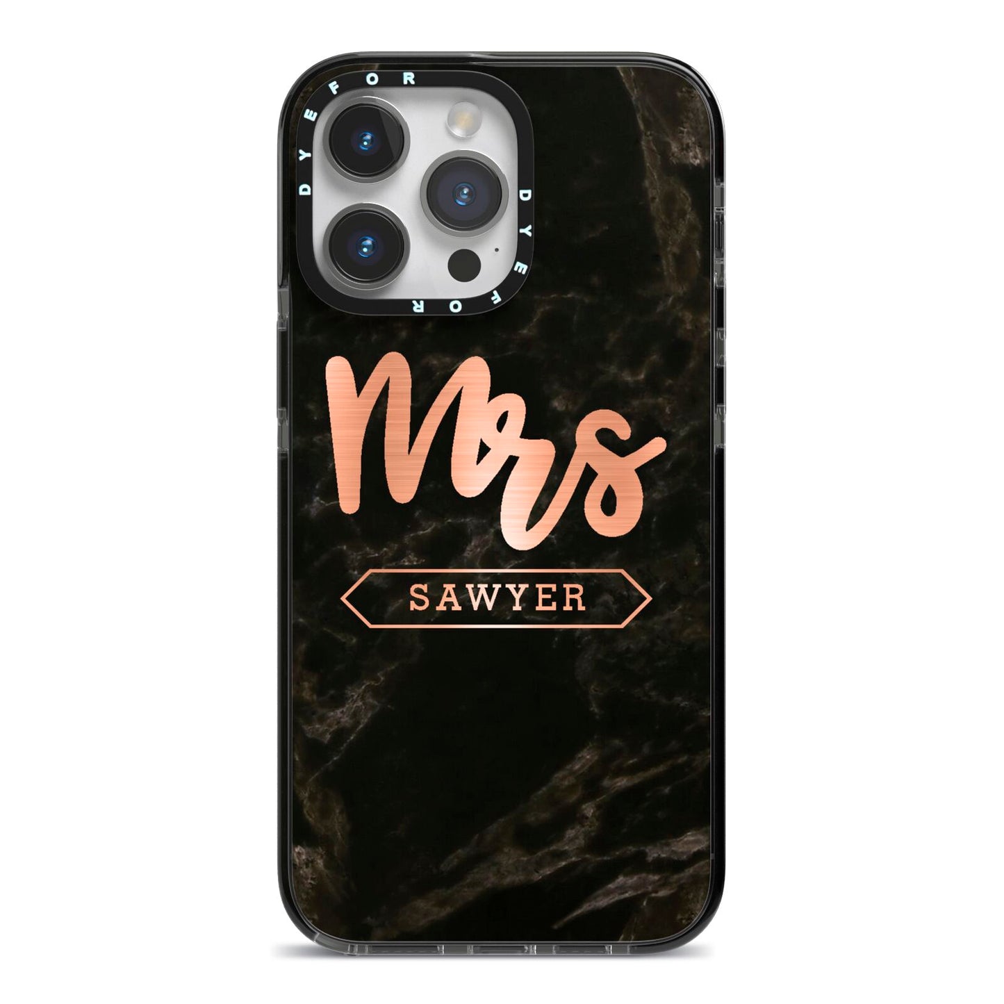 Personalised Rose Gold Mrs Surname Marble iPhone 14 Pro Max Black Impact Case on Silver phone