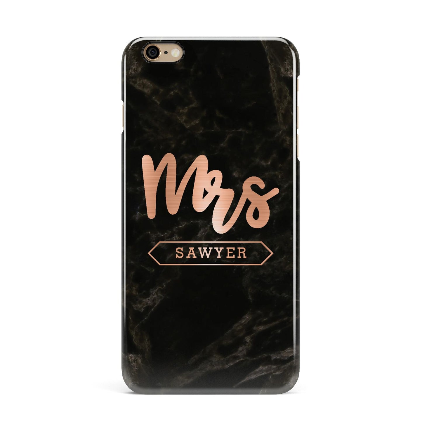 Personalised Rose Gold Mrs Surname Marble iPhone 6 Plus 3D Snap Case on Gold Phone