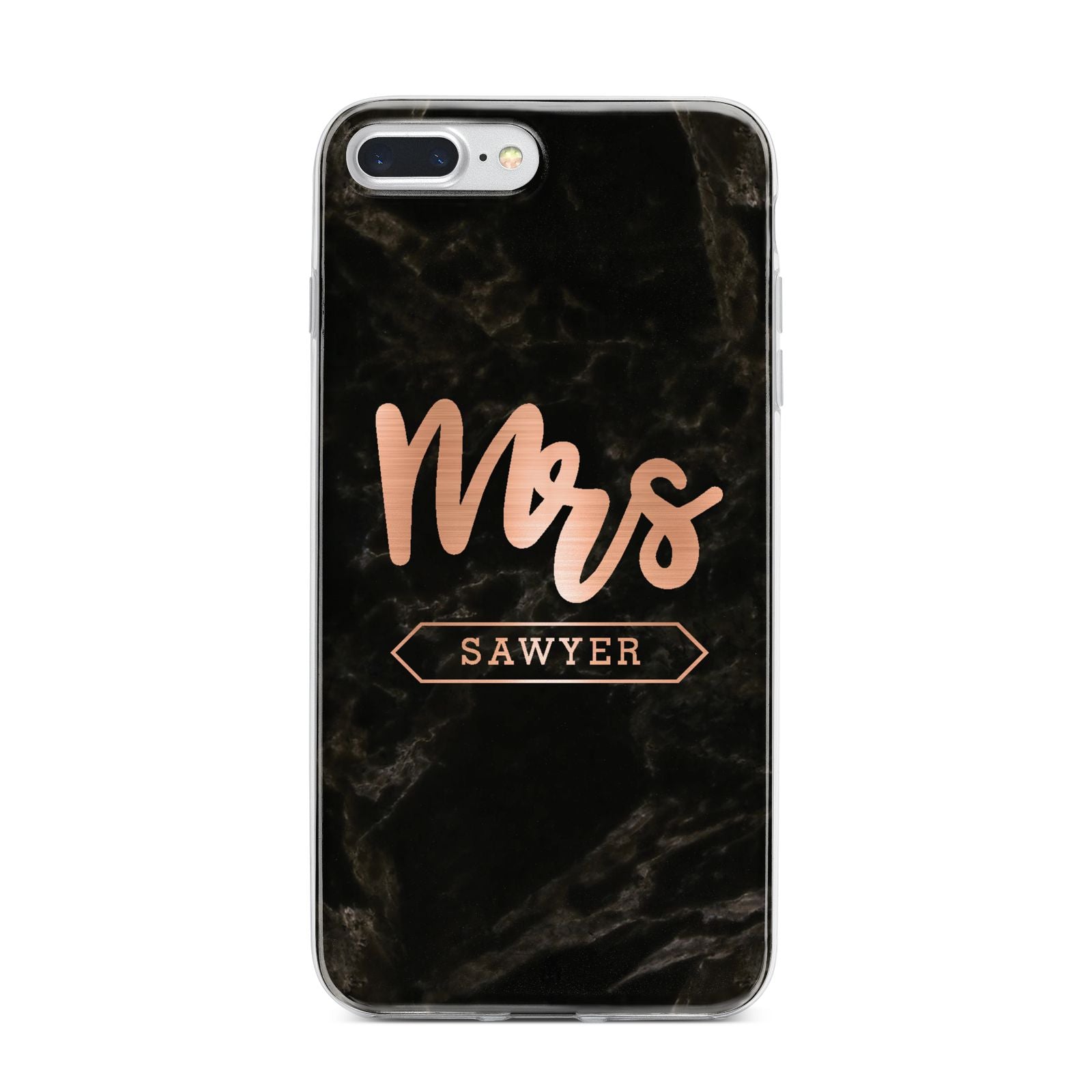 Personalised Rose Gold Mrs Surname Marble iPhone 7 Plus Bumper Case on Silver iPhone