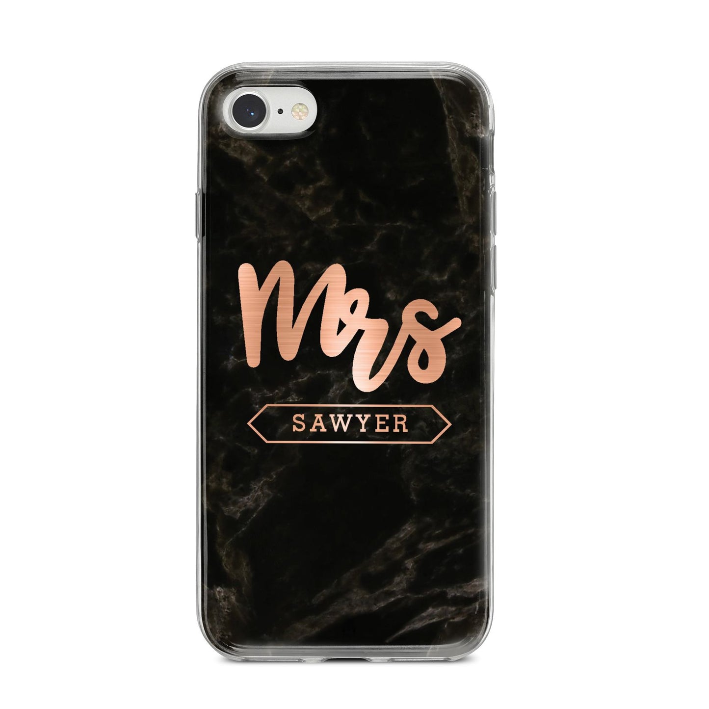 Personalised Rose Gold Mrs Surname Marble iPhone 8 Bumper Case on Silver iPhone